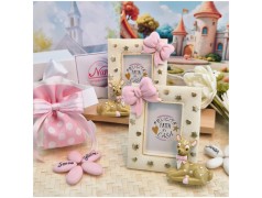 Bomboniera Battesimo Bimba Cornice Portafoto "Dolce Cerbiatto" con Maxi Fiocco Rosa