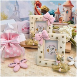 Bomboniera Battesimo Bimba Cornice Portafoto "Dolce Cerbiatto" con Maxi Fiocco Rosa