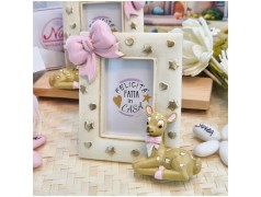 Bomboniera Battesimo Bimba Cornice Portafoto "Dolce Cerbiatto" con Maxi Fiocco Rosa