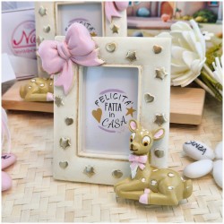 Bomboniera Battesimo Bimba Cornice Portafoto "Dolce Cerbiatto" con Maxi Fiocco Rosa