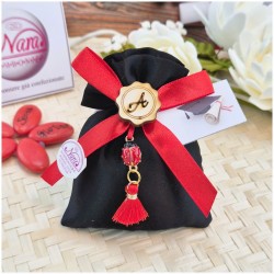 Bomboniera Laurea Architettura e Ingegneria Sacchetto Raso Nero con Coccinella Portafortuna e Iniziale