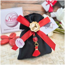 Bomboniera Laurea Architettura e Ingegneria Sacchetto Raso Nero con Coccinella Portafortuna e Iniziale