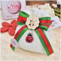 Bomboniera Laurea Scienze, Agraria e Matematica Sacchetto Verde con Coccinella e Tocco Legno