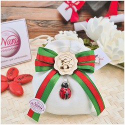 Bomboniera Laurea Scienze, Agraria e Matematica Sacchetto Verde con Coccinella e Tocco Legno