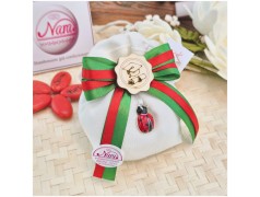 Bomboniera Laurea Scienze, Agraria e Matematica Sacchetto Verde con Coccinella e Tocco Legno