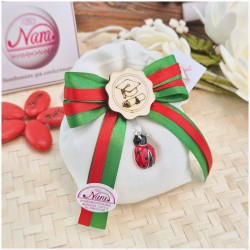 Bomboniera Laurea Scienze, Agraria e Matematica Sacchetto Verde con Coccinella e Tocco Legno