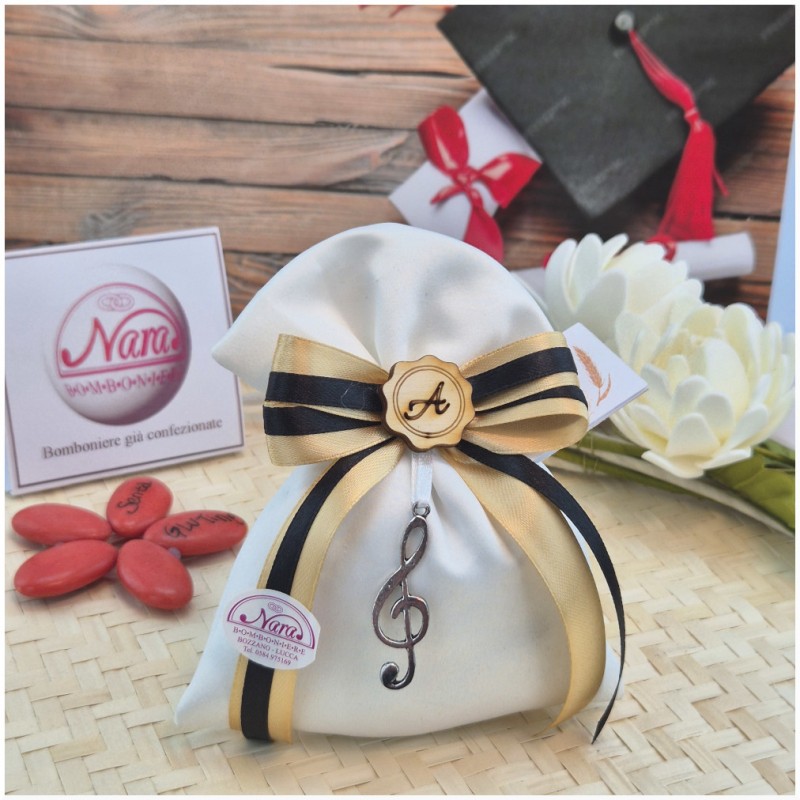 Bomboniera Laurea Conservatorio e DAMS Sacchetto Concerto Nero Oro con Chiave di Violino