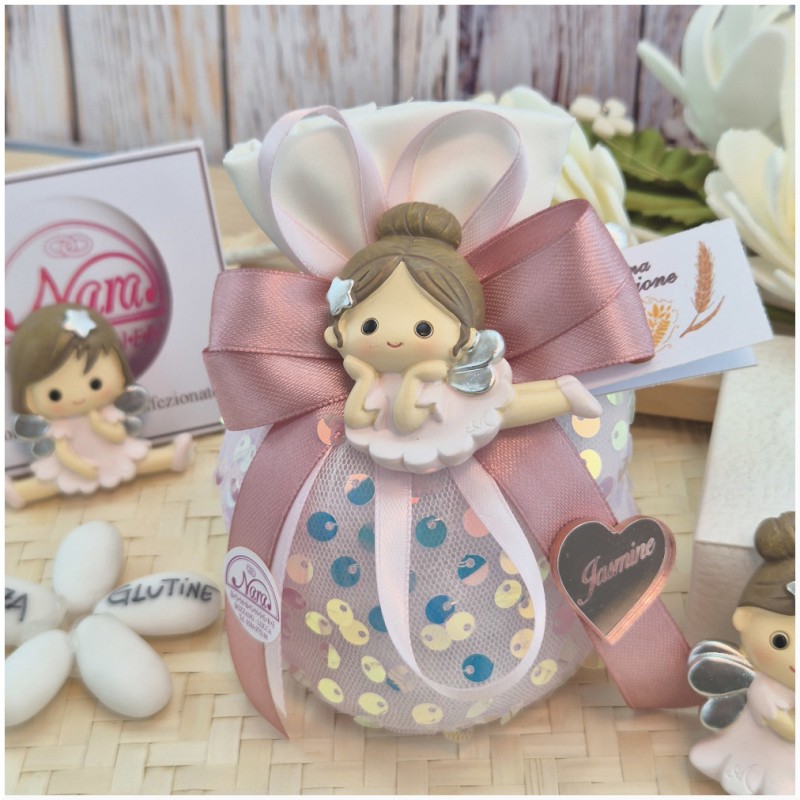 Bomboniera Comunione e Battesimo Magnete Fatina dei Sogni su Sacchetto Paillettes Scintillante