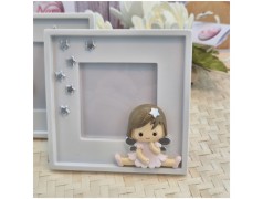 Bomboniera Battesimo Bimba Cornice Portafoto Quadrata Fatina dei Sogni con Stelle Argento