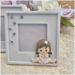 Bomboniera Battesimo Bimba Cornice Portafoto Quadrata Fatina dei Sogni con Stelle Argento