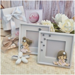 Bomboniera Battesimo Bimba Cornice Portafoto Quadrata Fatina dei Sogni con Stelle Argento