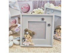 Bomboniera Battesimo Bimba Cornice Portafoto Quadrata Fatina dei Sogni con Stelle Argento