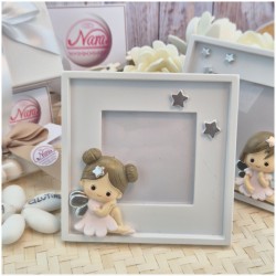 Bomboniera Battesimo Bimba Cornice Portafoto Quadrata Fatina dei Sogni con Stelle Argento