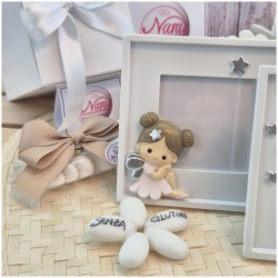 Bomboniera Battesimo Bimba Cornice Portafoto Quadrata Fatina dei Sogni con Stelle Argento