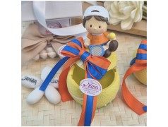 Bomboniere Comunione Tennis Scatola a forma di Pallina con Statuina e Nastro Arancio