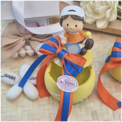 Bomboniere Comunione Tennis Scatola a forma di Pallina con Statuina e Nastro Arancio