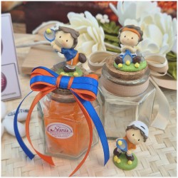 Bomboniera Comunione Bimbo Barattolo Vetro "Piccolo Tennista" con Tappo Sughero e Nastro Arancio