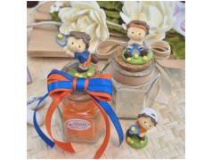 Bomboniera Comunione Bimbo Barattolo Vetro "Piccolo Tennista" con Tappo Sughero e Nastro Arancio