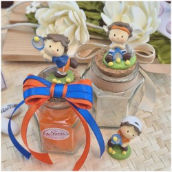 Bomboniera Comunione Bimbo Barattolo Vetro "Piccolo Tennista" con Tappo Sughero e Nastro Arancio