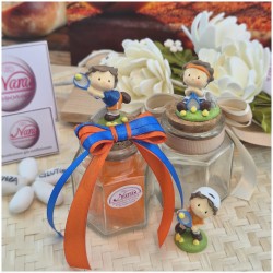 Bomboniera Comunione Bimbo Barattolo Vetro "Piccolo Tennista" con Tappo Sughero e Nastro Arancio