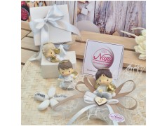 Bomboniera Battesimo e Comunione "Angioletto Custode" su Nuvola Rete con Nastro Tortora