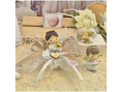 Bomboniera Battesimo e Comunione "Angioletto Custode" su Nuvola Rete con Nastro Tortora