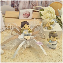 Bomboniera Battesimo e Comunione "Angioletto Custode" su Nuvola Rete con Nastro Tortora