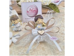 Bomboniera Battesimo e Comunione "Angioletto Custode" su Nuvola Rete con Nastro Tortora