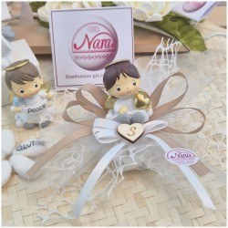 Bomboniera Battesimo e Comunione "Angioletto Custode" su Nuvola Rete con Nastro Tortora