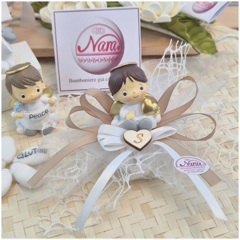 Bomboniera Battesimo e Comunione "Angioletto Custode" su Nuvola Rete con Nastro Tortora