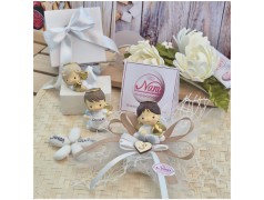 Bomboniera Battesimo e Comunione "Angioletto Custode" su Nuvola Rete con Nastro Tortora