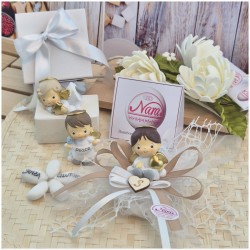 Bomboniera Battesimo e Comunione "Angioletto Custode" su Nuvola Rete con Nastro Tortora