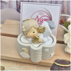 Bomboniera Battesimo e Comunione Scatolina Nuvola dei Sogni con Angioletto e Nastro Tortora