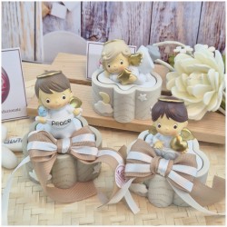 Bomboniera Battesimo e Comunione Scatolina Nuvola dei Sogni con Angioletto e Nastro Tortora