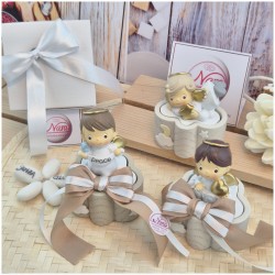 Bomboniera Battesimo e Comunione Scatolina Nuvola dei Sogni con Angioletto e Nastro Tortora