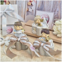 Bomboniera Battesimo e Comunione Scatolina Nuvola dei Sogni con Angioletto e Nastro Tortora