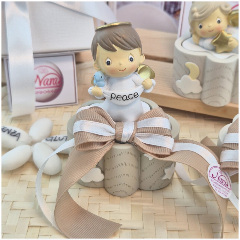 Bomboniera Battesimo e Comunione Scatolina Nuvola dei Sogni con Angioletto e Nastro Tortora