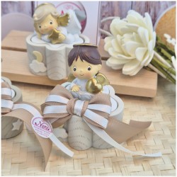 Bomboniera Battesimo e Comunione Scatolina Nuvola dei Sogni con Angioletto e Nastro Tortora