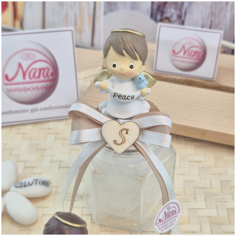 Bomboniera Battesimo e Comunione Barattolo Vetro con Angioletto "Messaggero" e Tappo Sughero