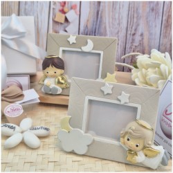 Bomboniera Battesimo e Comunione Cornice Portafoto Angioletto Custode Effetto Legno