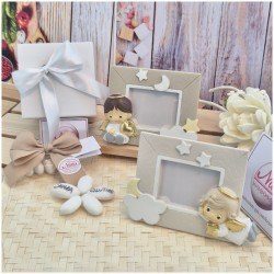 Bomboniera Battesimo e Comunione Cornice Portafoto Angioletto Custode Effetto Legno