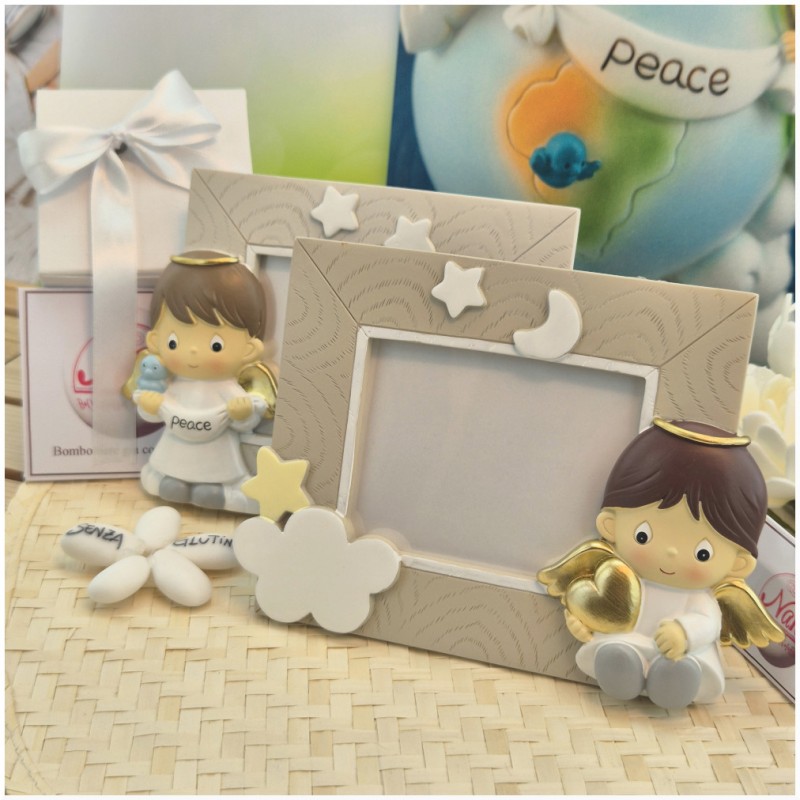 Bomboniera Battesimo Cornice Portafoto Grande Rettangolare Sogni d'Angelo con Nuvole e Stelle