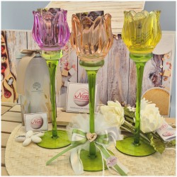 Bomboniera Matrimonio Calice Tulipano in Vetro Artistico con Gambo Verde e Scatola Regalo