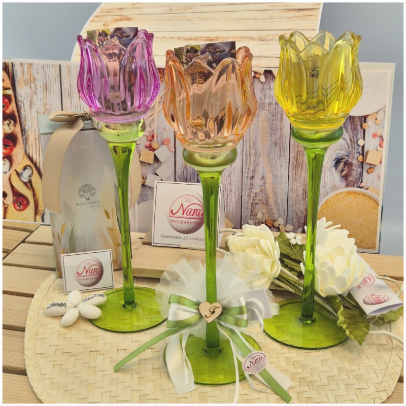 Bomboniera Matrimonio Calice Tulipano in Vetro Artistico con Gambo Verde e Scatola Regalo