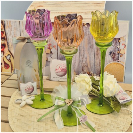 Bomboniera Matrimonio Calice "Tulipano" in Vetro Artistico con Gambo Verde e Scatola Regalo