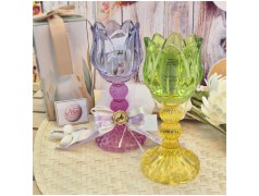 Bomboniera Comunione e Matrimonio Portacandela "Fiore di Loto" in Vetro Lavorato con Scatola