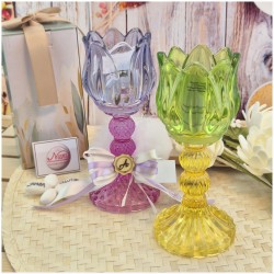 Bomboniera Comunione e Matrimonio Portacandela "Fiore di Loto" in Vetro Lavorato con Scatola