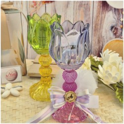 Bomboniera Comunione e Matrimonio Portacandela "Fiore di Loto" in Vetro Lavorato con Scatola