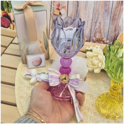 Bomboniera Comunione e Matrimonio Portacandela "Fiore di Loto" in Vetro Lavorato con Scatola