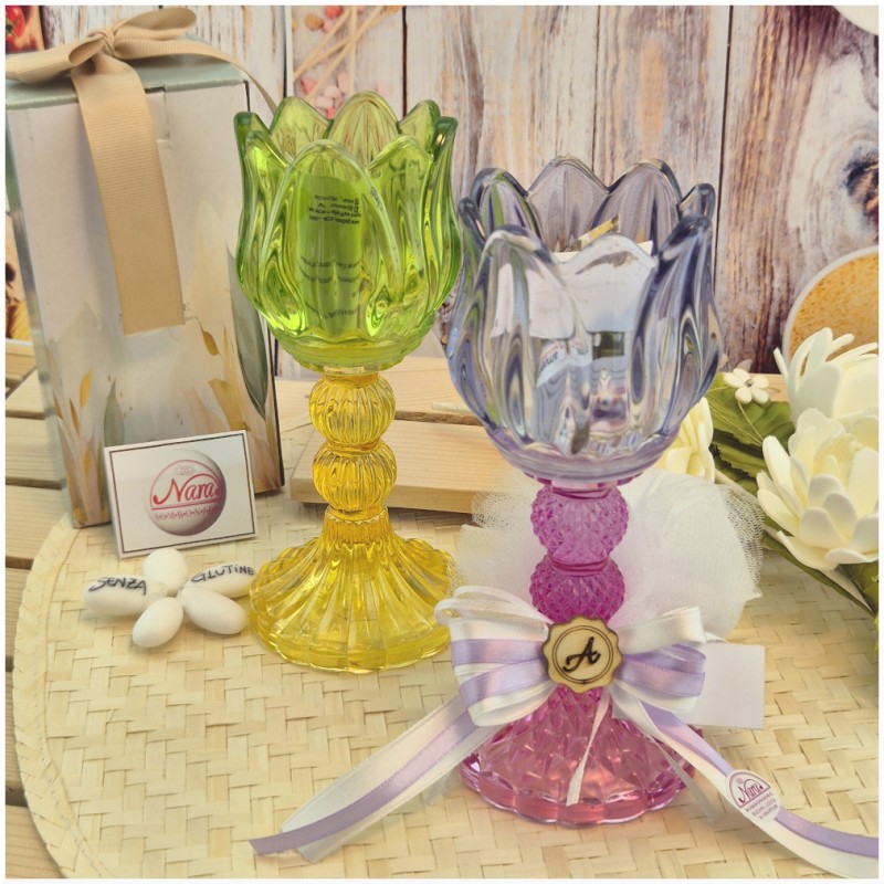 Bomboniera Comunione e Matrimonio Portacandela "Fiore di Loto" in Vetro Lavorato con Scatola